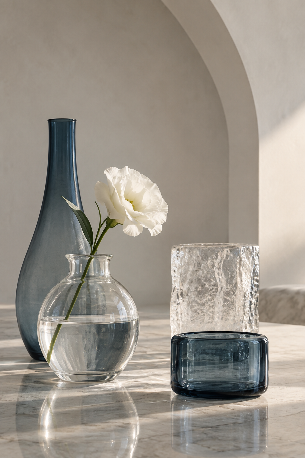 Composição editorial ilustrativa com vasos de vidro e flor branca, sem relação com atendimentos